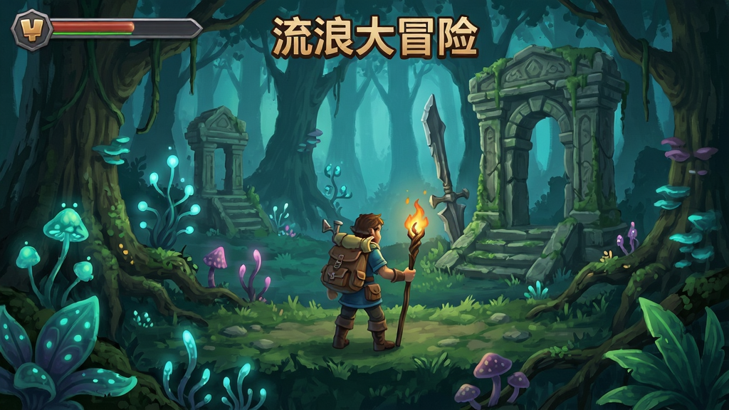 流浪大冒险游戏场景,主角在神秘森林中探索,周围有发光植物和古老遗迹
