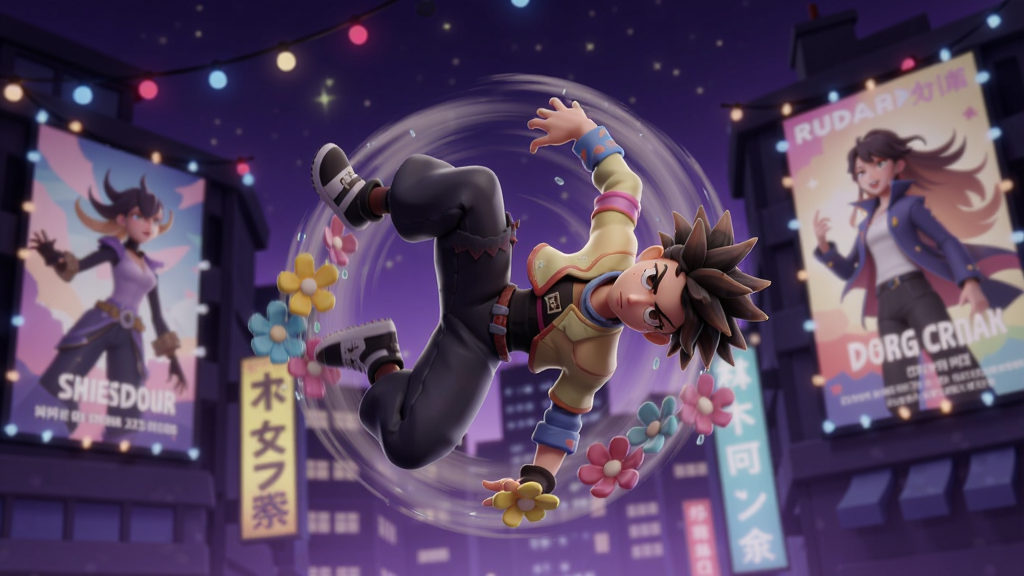 游戏角色在紫色夜景下空中旋转做花式动作,背景有亮灯和海报
