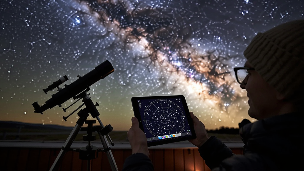 用户使用观星程序观测星空的场景,星空璀璨,手持平板显示星图