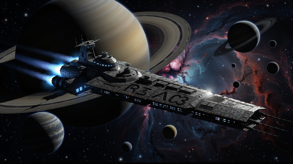 星际战舰在宇宙中航行的壮观场景,星球和星云背景