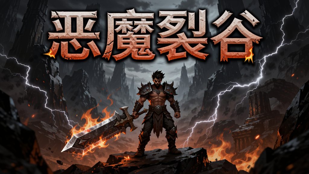 恶魔裂谷游戏海报,黑暗裂谷中站着一个手持巨剑的勇士,周围有火焰和闪电特效