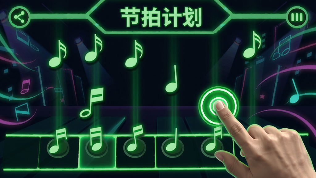 绿色节拍计划游戏界面,霓虹色调背景,音符从屏幕上方落下,玩家手指点击精准节奏点