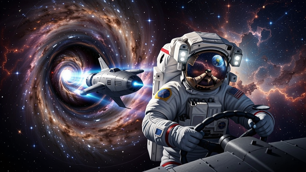 宇航员驾驶飞船穿越虫洞的壮观场景,星际空间背景,璀璨星河