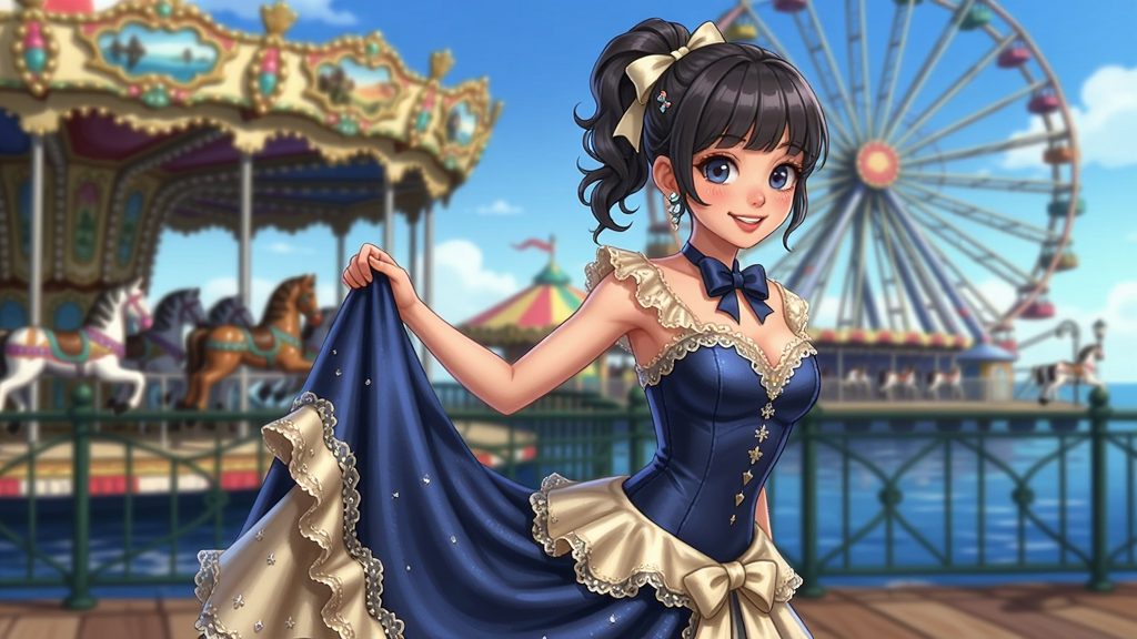 一位活泼可爱的少女安吉拉着装华丽晚礼服,背景是纪念码头游乐场,满满的欧式画风游戏场景