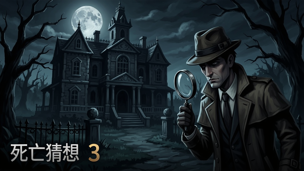 死亡猜想3新月疑案游戏场景,黑暗庄园中月光照亮古老建筑,侦探手持放大镜在花园探案