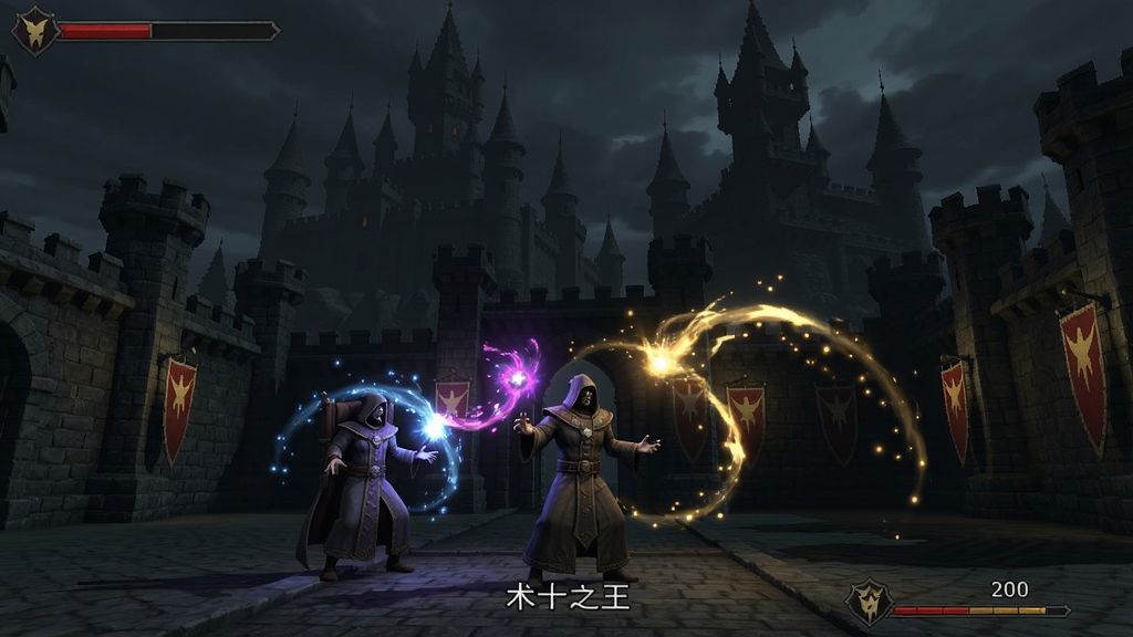术士之王游戏场景截图,显示暗黑风格城堡和魔法特效