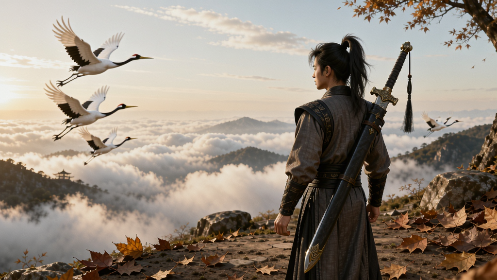一个古风武林世界的场景,主角站在山顶望着云海,背后挂着长剑,天空中有仙鹤飞过,土地上满是落叶,光影效果温柔。