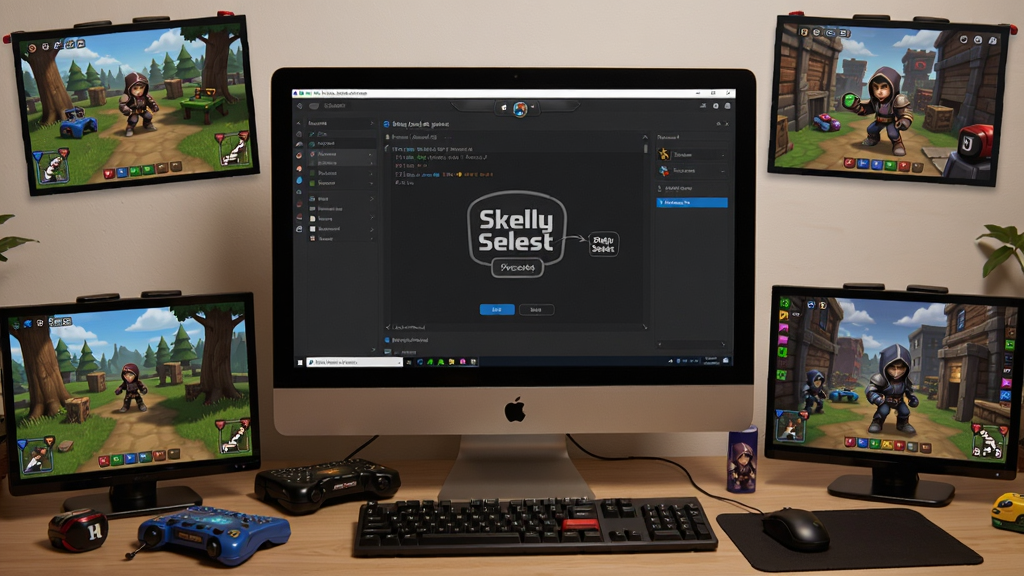 一个电脑屏幕显示Skelly Selest软件界面,周围有各种游戏回合场景