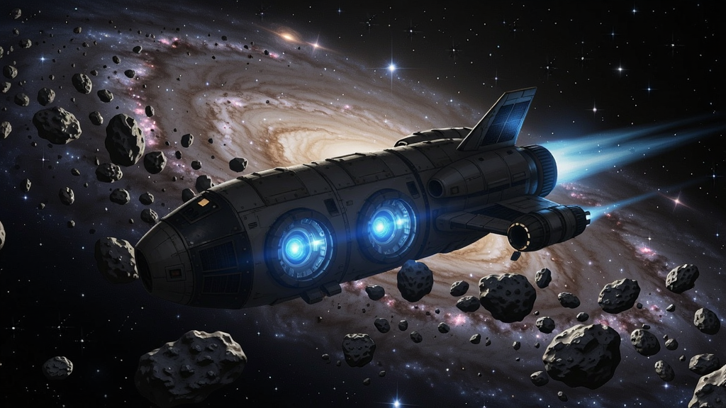 太空飞船在精美的星系中飞行,周围是由大量小行星组成的星尘带,飞船外壁板上有核心反应堆发出蓝色光芒