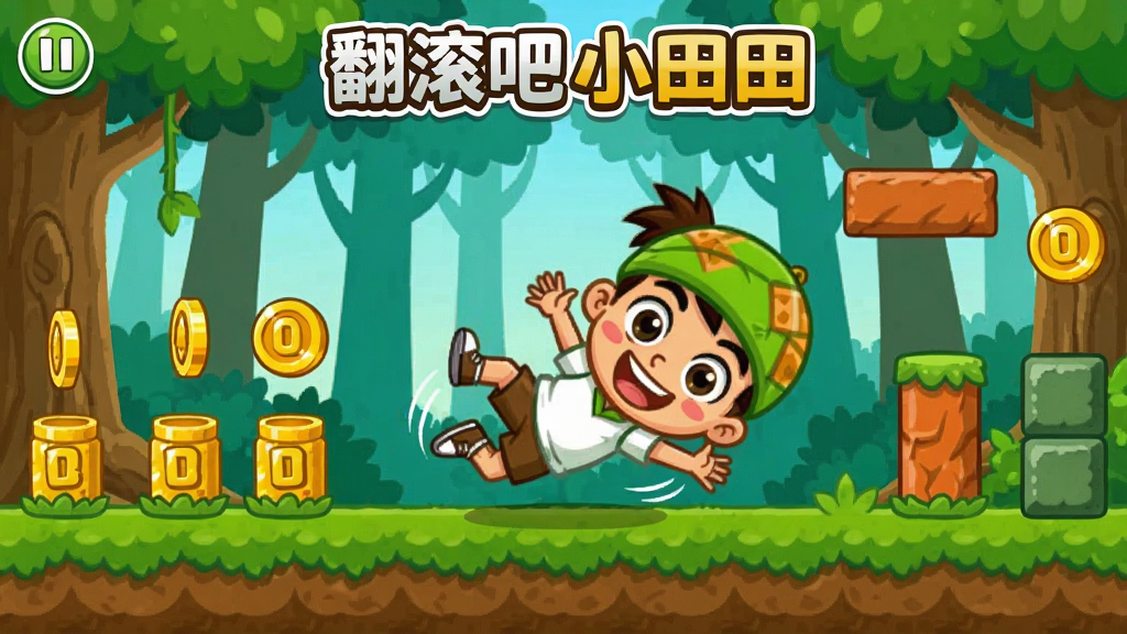翻滚吧小田田游戏主界面,卡通风格,小田田在森林场景中翻滚,周围有金币和障碍物,画面色彩明亮