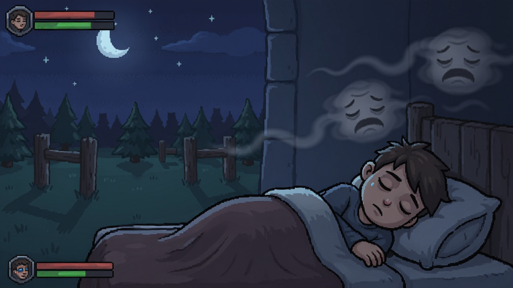 睡意侵袭游戏场景,角色在夜晚防守睡意的画面