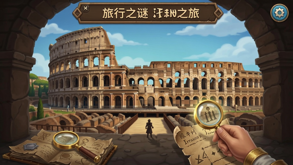 旅行之谜意大利之旅游戏场景,玩家在罗马斗兽场中寻找线索