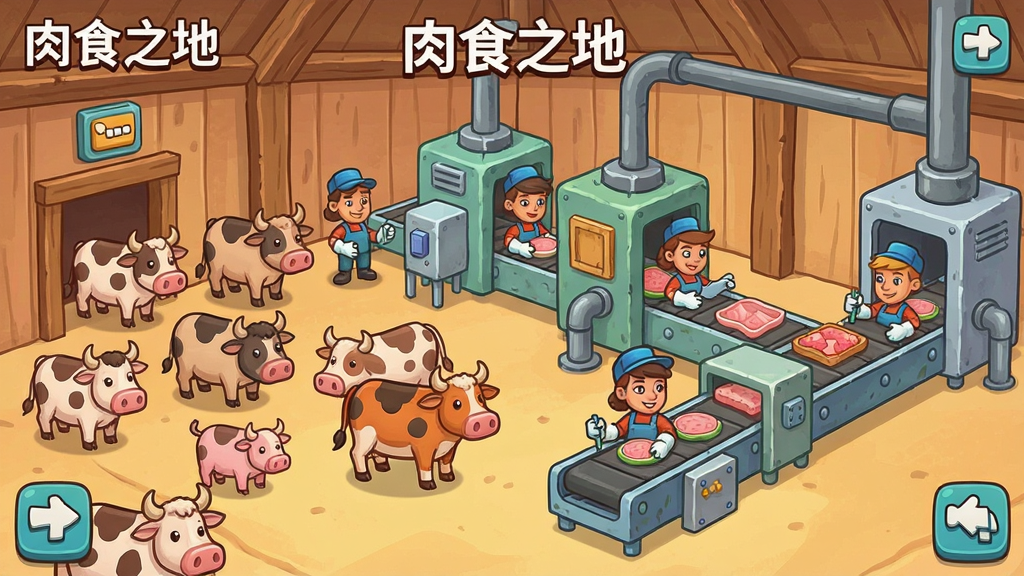 肉食之地游戏中玩家管理肉类加工厂的卡通场景,有各种牲畜和生产线