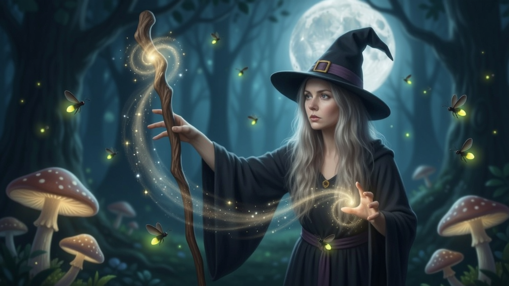 女巫在月光下的森林中施展魔法,周围有发光蘑菇和萤火虫,画面柔和梦幻