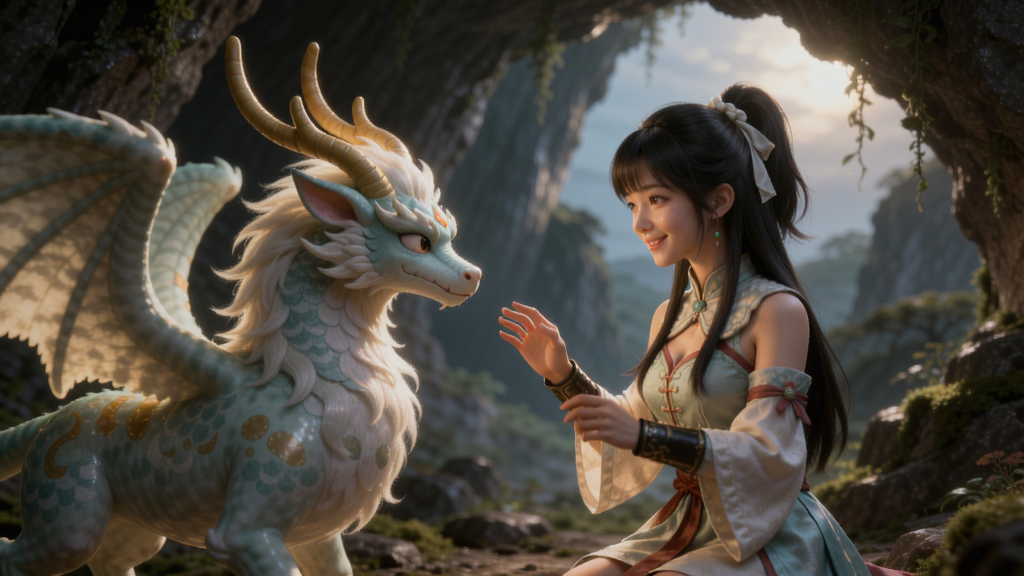 仙剑少女在山洞前与神兽交谈的场景,温柔光影效果