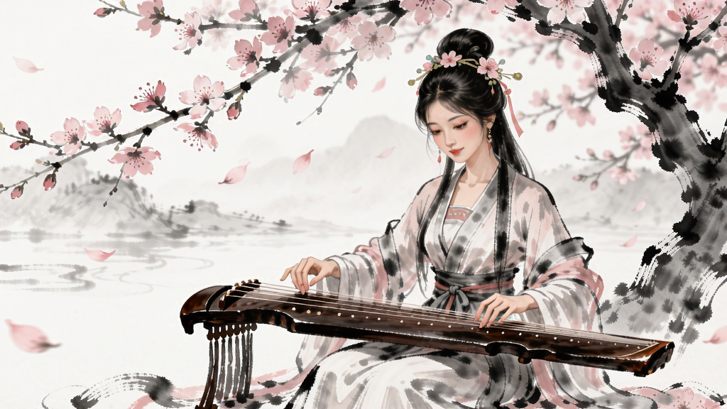 古风女子在桃花树下扶琴,水墨风格,梦幻场景