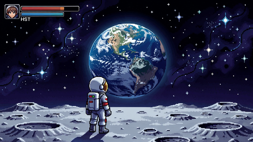 一款经典日式RPG游戏画面,角色站在月球表面仰望地球,背景星空璀璨,整体色调梦幻