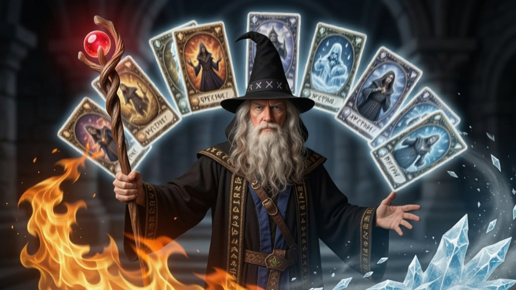 一位魔法师手持法杖,身后浮现出各种卡牌虚影,周围环绕着火焰与冰霜元素
