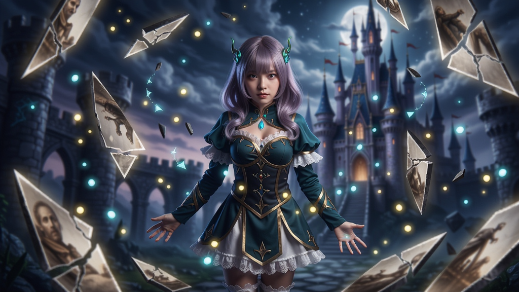 一个奇幻风格的少女角色站在破碎的谎言碎片之中,周围环绕着发光的光点,背景是神秘的城堡与夜空