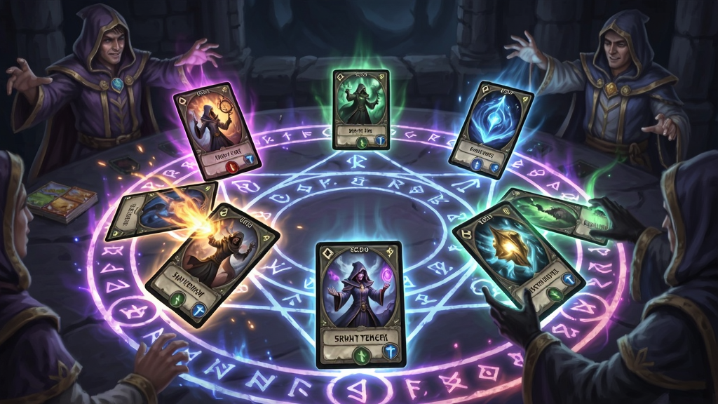 魔幻卡牌游戏对战场景,多张卡牌在魔法阵中释放技能