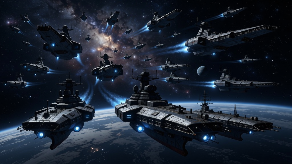 星空背景下多艘巨型战舰编队航行,科幻风格,高清画质