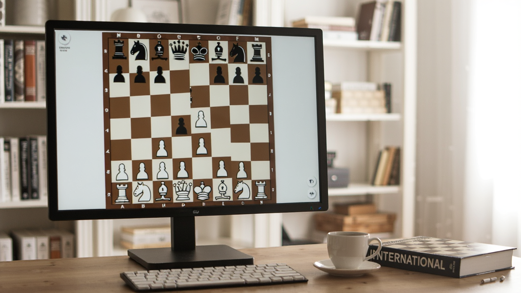 一个明亮的书房里,电脑屏幕上显示巨人国际象棋的棋盘对局画面,旁边放着一杯咖啡和一本国际象棋书籍,画面风格温馨清晰