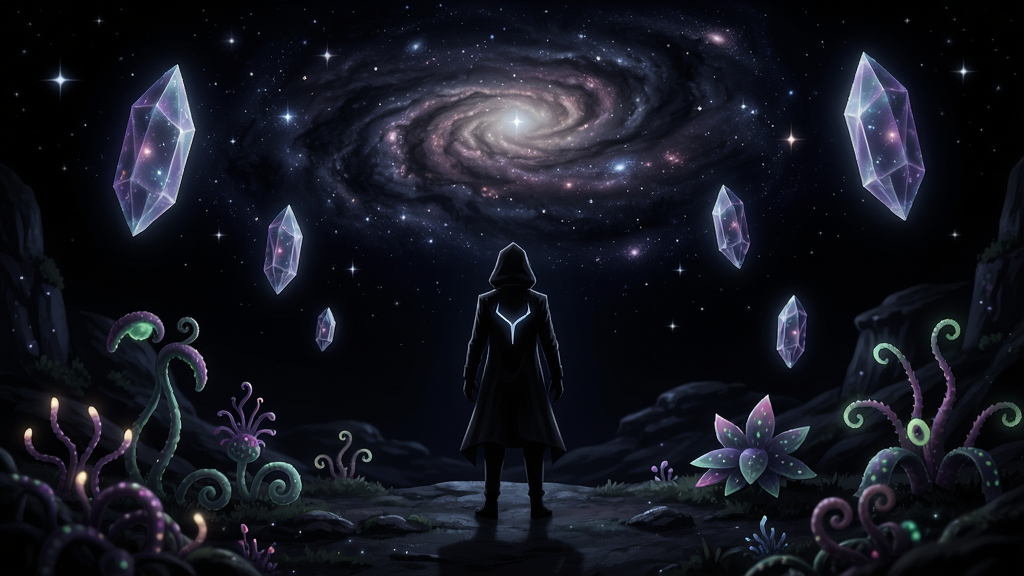 黑色梦想游戏场景,主角站在梦幻的星空下,周围漂浮着发光的水晶和奇异植物