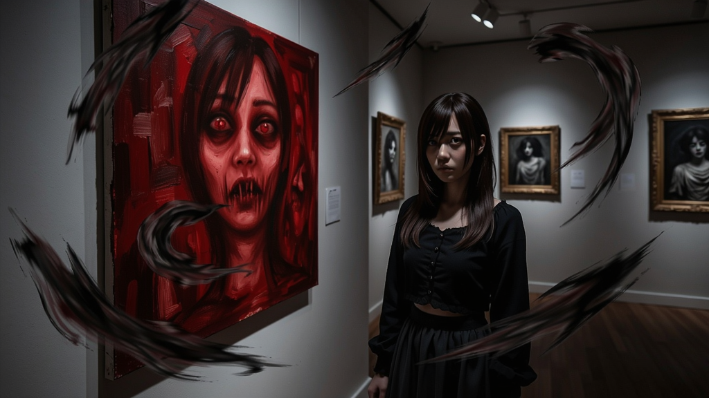 恐怖美术馆中女主角Ib站在红色画作前的诡异场景,周围飘浮着扭曲的笔触