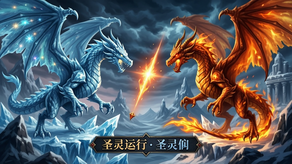圣灵运行火与冰游戏主界面,展示冰火双龙对决的宏大场景
