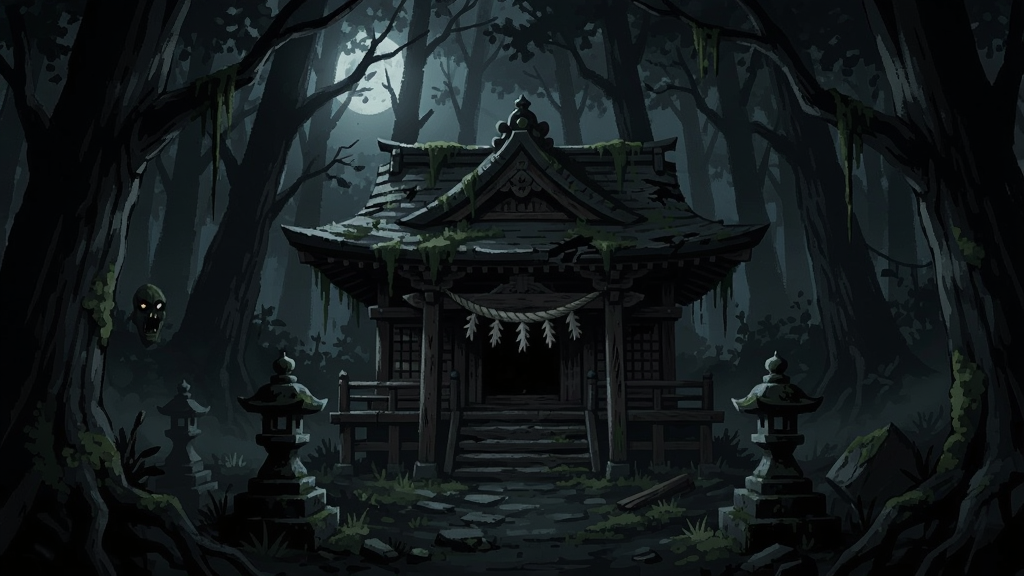 鬼子母神之梦游戏场景,幽暗的森林中一座破败的神社,月光透过树叶洒下,营造神秘恐怖氛围