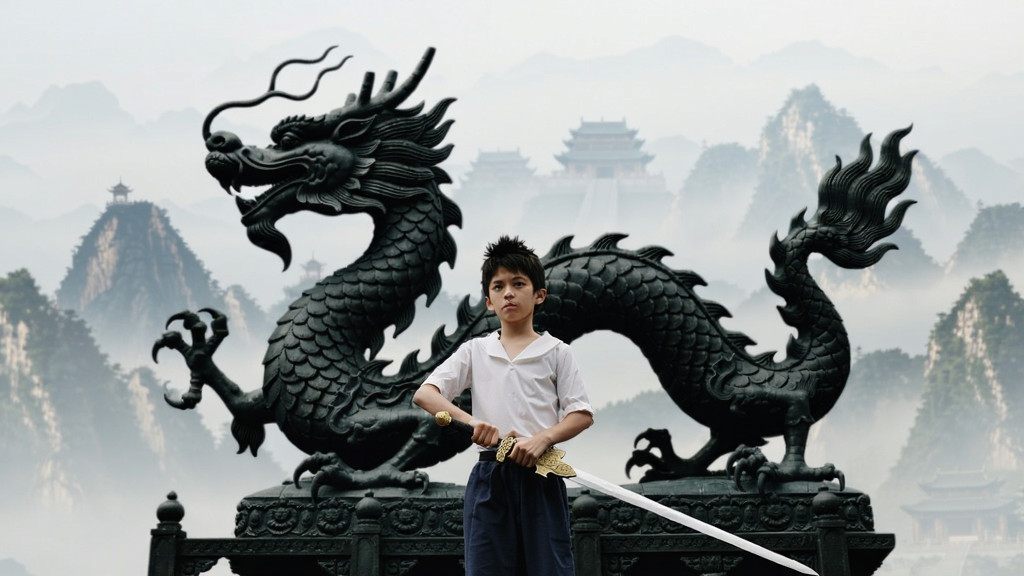 一位少年站在龙形雕像前,手持长剑,背景是云雾缭绕的东方山脉,画面充满玄幻色彩