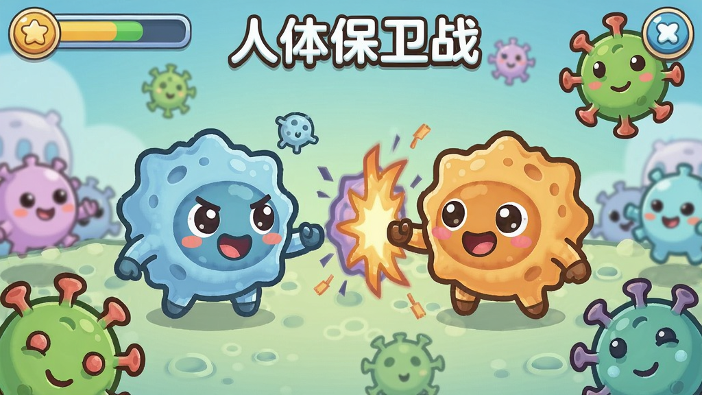人体保卫战游戏的主角免疫细胞正在和病毒对峙的游戏画面,可爱浮浮风格