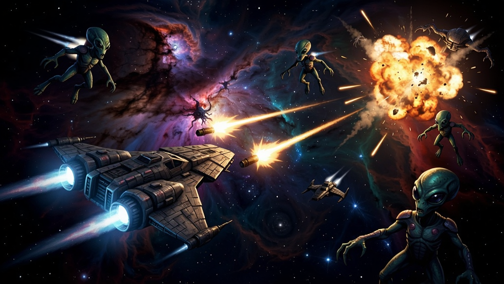 太空战斗场景,飞船在星云中射击外星敌人,热血爆炸效果