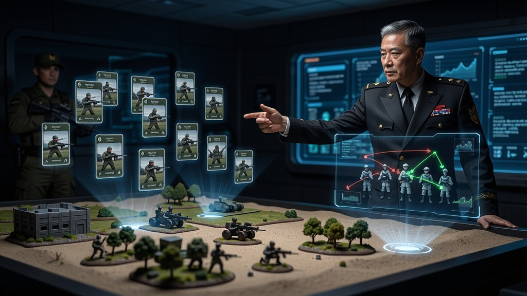一名指挥官站在沙盘前,面前是微缩战场模型,各种兵种卡牌漂浮在空中,全息投影显示敌方动态,未来科技感与战争氛围融合