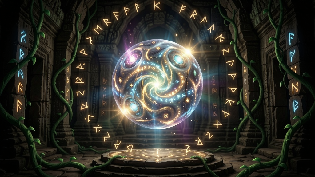一个发光的魔法球体悬浮在古老遗迹中央,周围环绕着神秘符文和绿色藤蔓,光芒照亮黑暗的石壁
