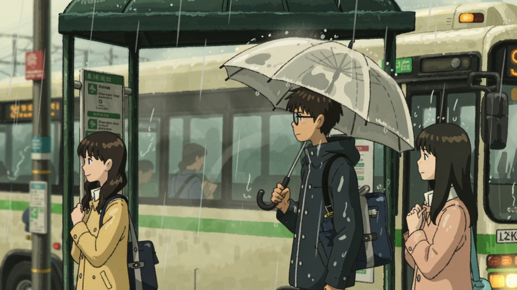雨中的公车站,一位少年撑着伞等待公车,旁边有两位少女,手绘风格,温暖色调