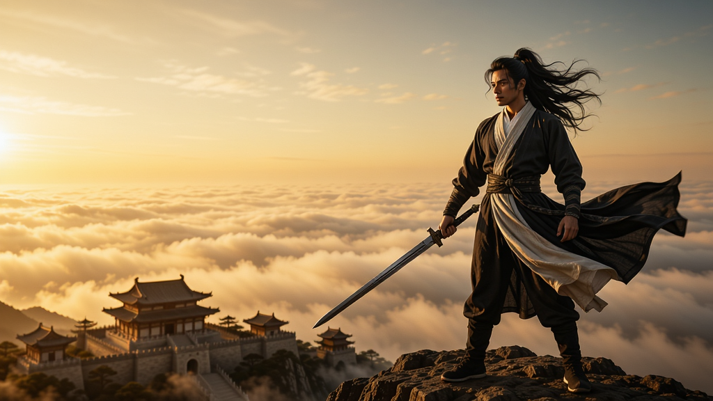 一名武侠角色站在山顶,背后是难金的云海和远方的古建筑,手持长剑,衣袍飘扬,夕阳余晖,气势宏伟