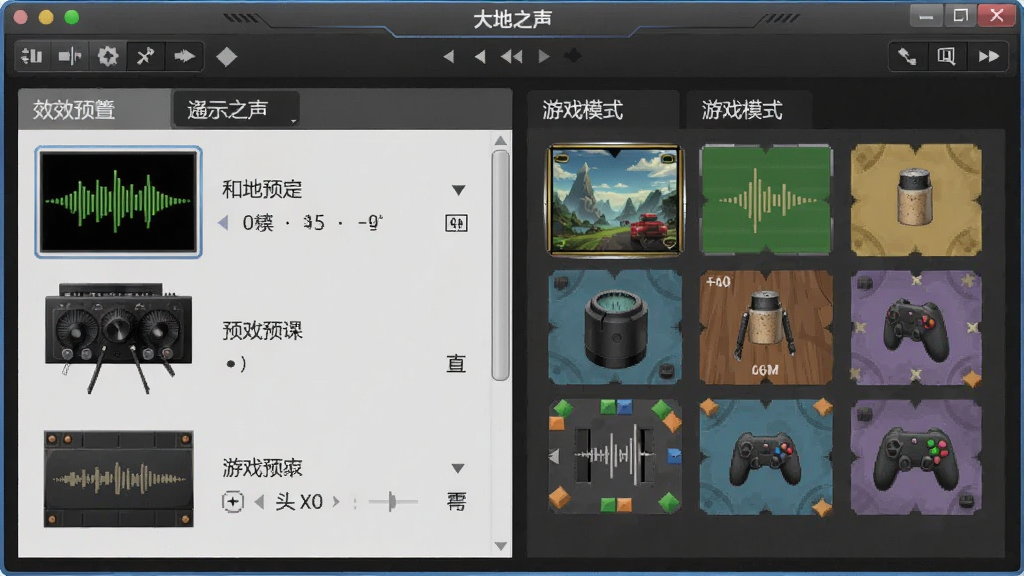 大地之声软件界面示意图,显示音效预设和游戏模式选择