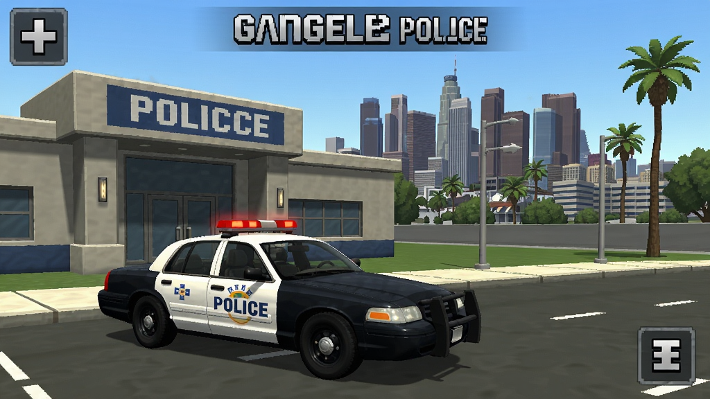 洛杉矶警察游戏主界面截图,显示警车停在警局门口,背景是城市天际线