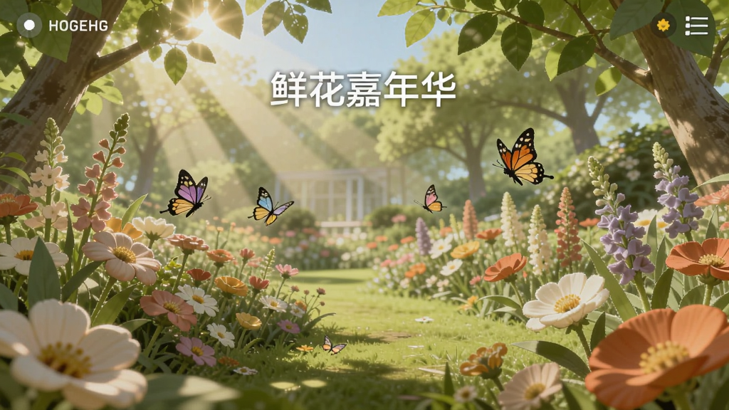 鲜花嘉年华游戏截图,一个充满鲜花的花园,阳光透过树叶洒下,蝴蝶在花丛中飞舞,画面温馨治愈