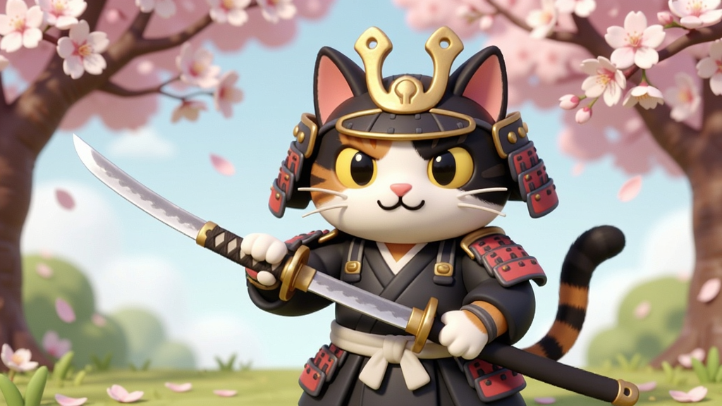 一只可爱的武士猫手持太刀站在樱花树下