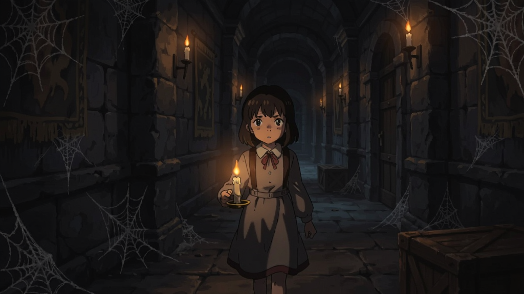 白夜游戏场景,小女孩手持烛光在昏暗古堡走廊中前行,周围布满灰尘和蛛网