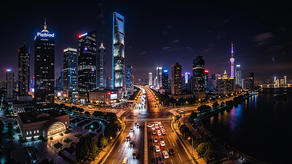 一座繁华的现代城市全景,高楼林立,车水马龙,夜景璀璨