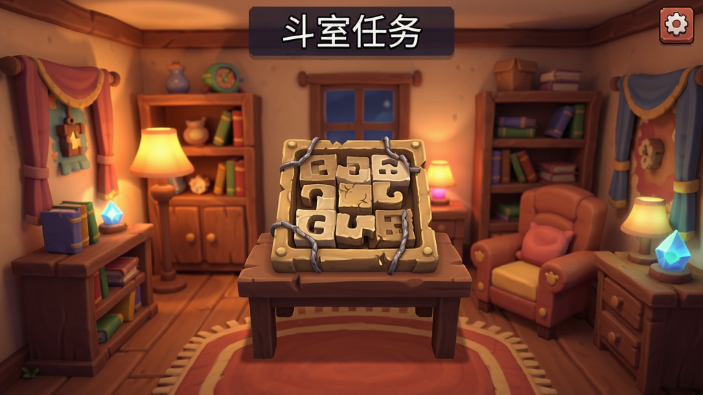 斗室任务游戏主界面截图,展示一个布置温馨的房间,中央有一个待解决的谜题