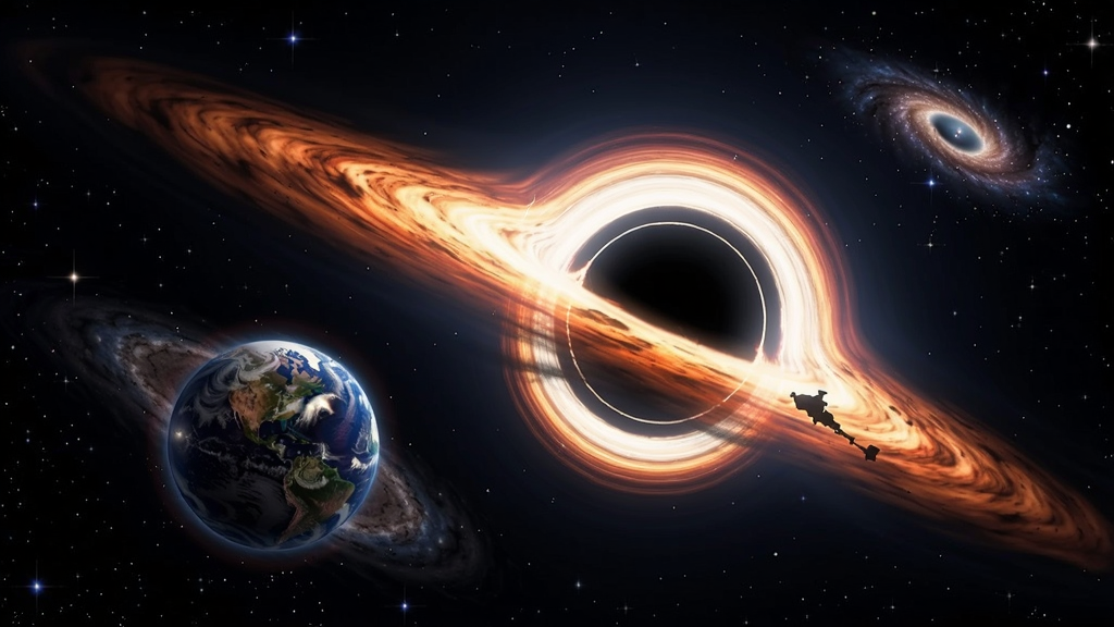 黑洞在太空中吞噬星球和星云的壮观场景,引力扭曲光线,色彩绚丽