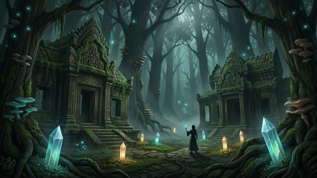 一个神秘的森林地带,有古老建筑和光节