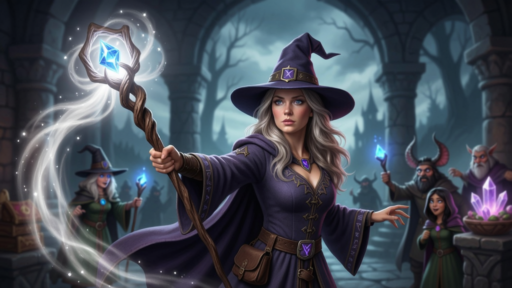 女巫英雄与魔法游戏中女巫挥舞魔法权杖释放白色光芒的奇幻场景