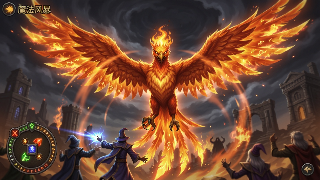 魔法风暴游戏中魔法师召唤火焰凤凰的壮观场景,屏幕中央巨大的凤凰展翅高飞,周围火焰特效绚丽