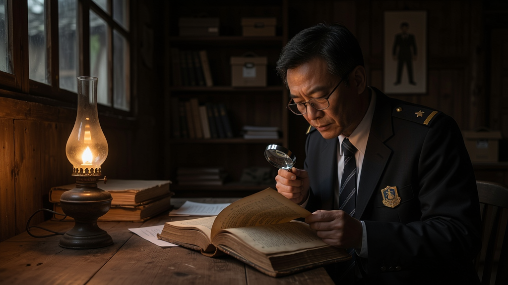 检察官在村庄古宅中调查线索,昏暗灯光下仔细查看一本旧书