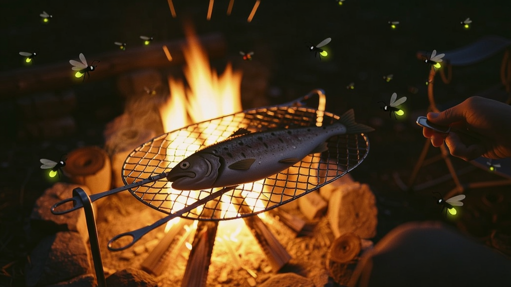 玩家在篝火旁烤鱼,周围有萤火虫飞舞的夜晚场景